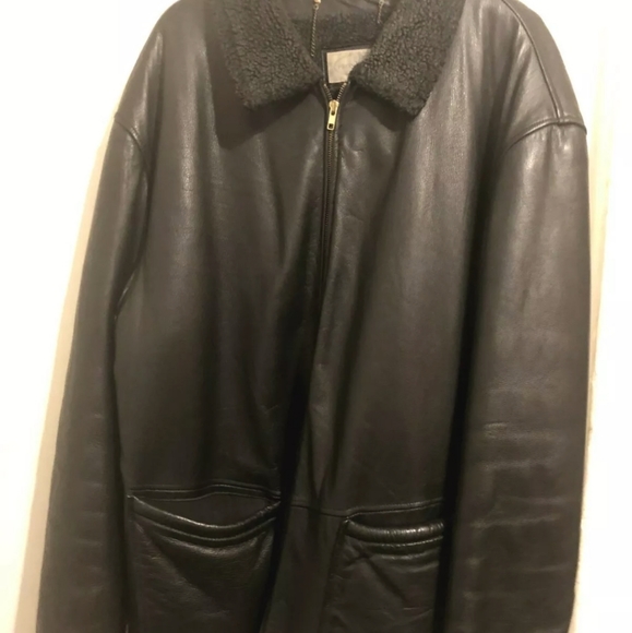 Black Heavy Leather Coat (shearling style) XL - Picture 2 of 4